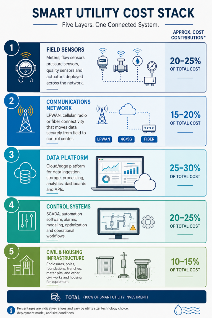 Smart utilities cost factors breakdown showing sensor, network, and platform layers