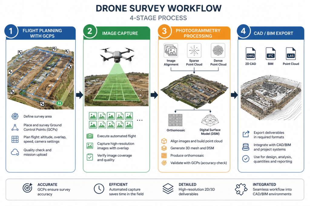 Drone survey workflow from flight planning to BIM data export