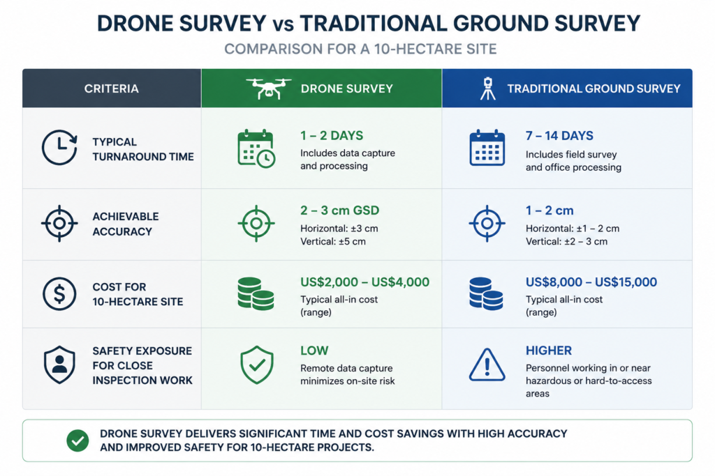 Comparison of drone survey and traditional ground survey methods in construction