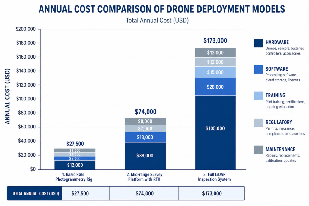 Stacked bar chart comparing drone cost factors across basic photogrammetry, RTK survey, and lidar inspection deployment models
