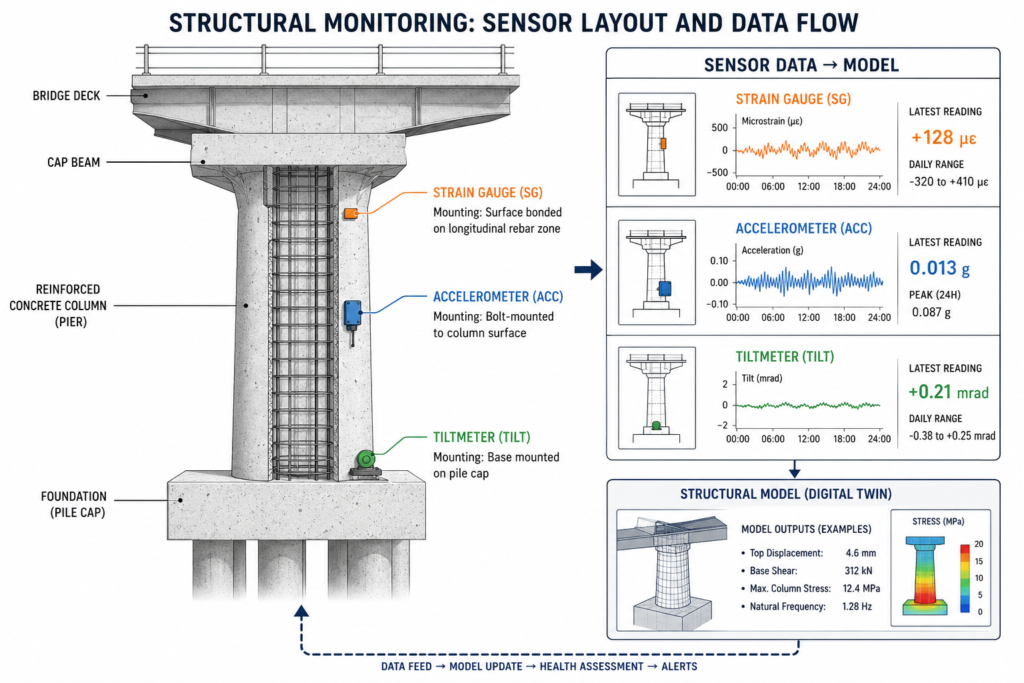 Structural health monitoring sensors feeding a construction digital twin model