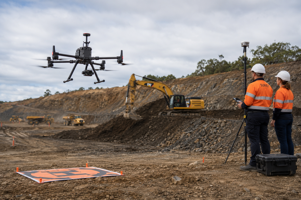 Commercial survey drone launching from ground control point on active construction site illustrating real-world drone cost factors in civil engineering