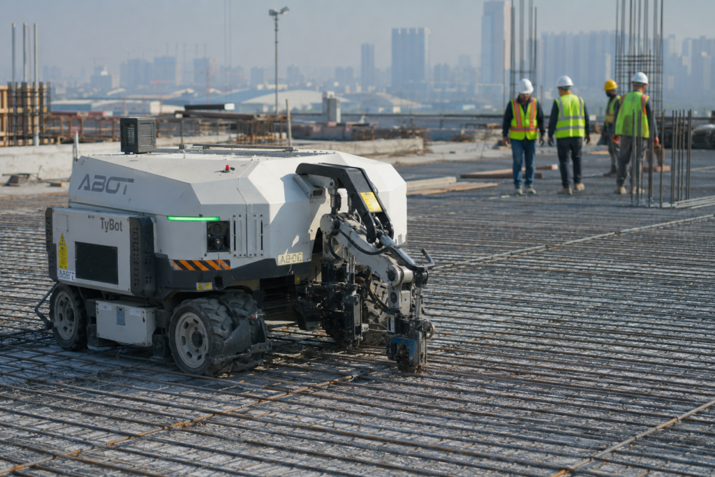Construction robot tying rebar on a concrete slab with site workers observing — robotics in construction best practices