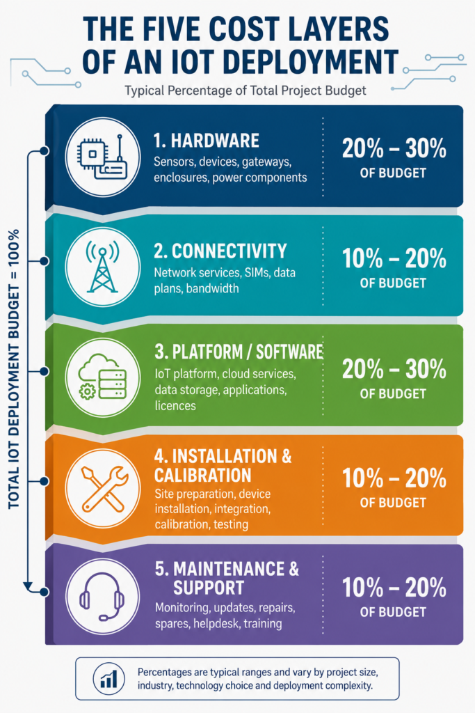 IoT cost factors breakdown showing hardware, connectivity, platform and maintenance layers