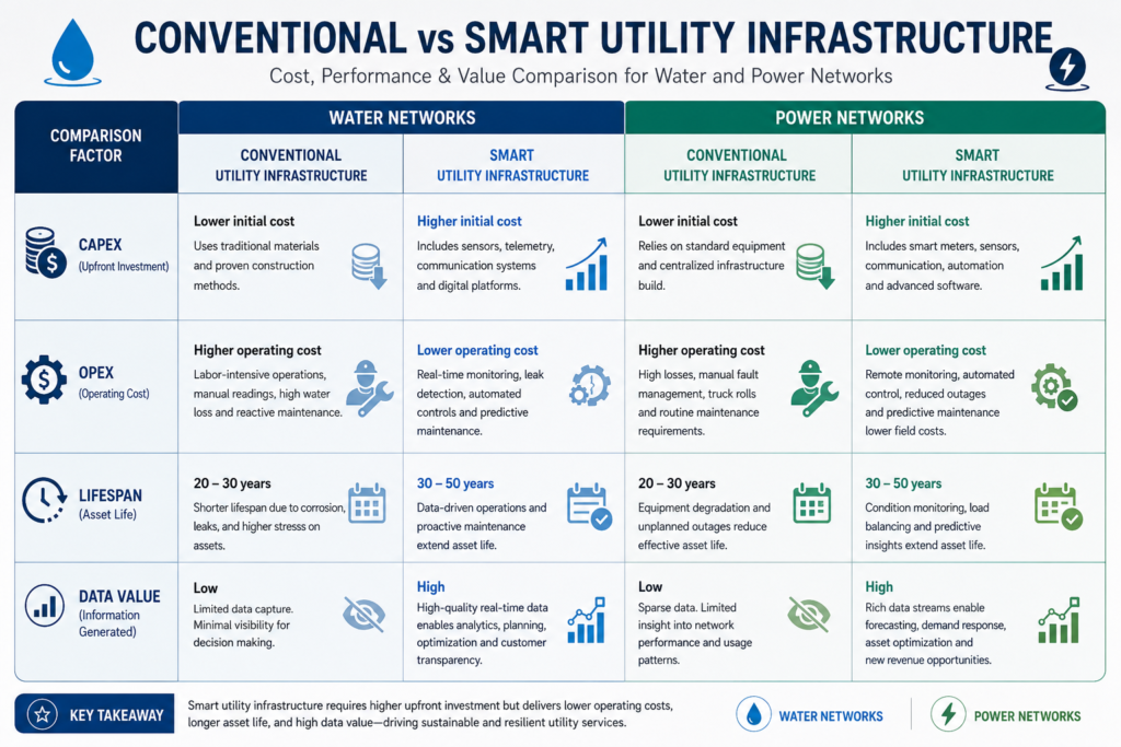 Comparison of conventional versus smart utility infrastructure cost factors