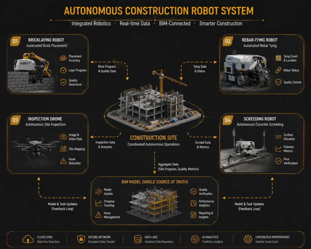 Infographic showing types of construction robots and their data integration with BIM — robotics in construction best practices