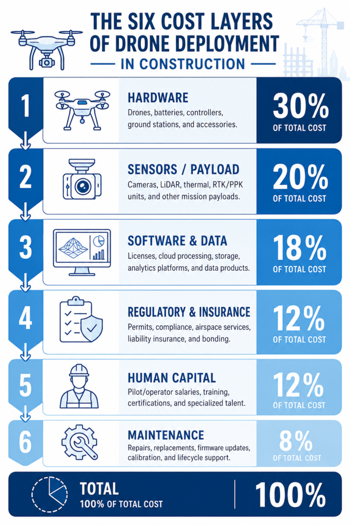 Infographic showing drone cost factors breakdown in construction projects including hardware, software, regulatory, and maintenance costs