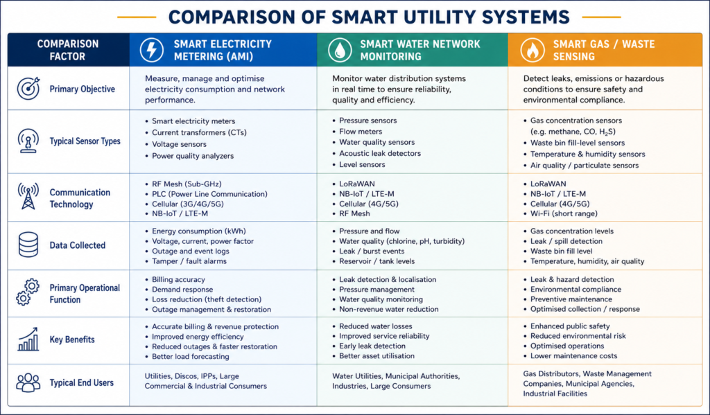 Smart utilities system architecture diagram showing sensor, communication, and data layers