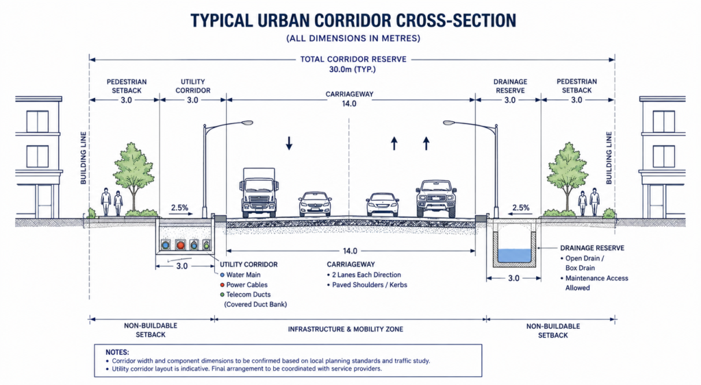 Urban planning guide diagram showing road corridor and utility reserve dimensions