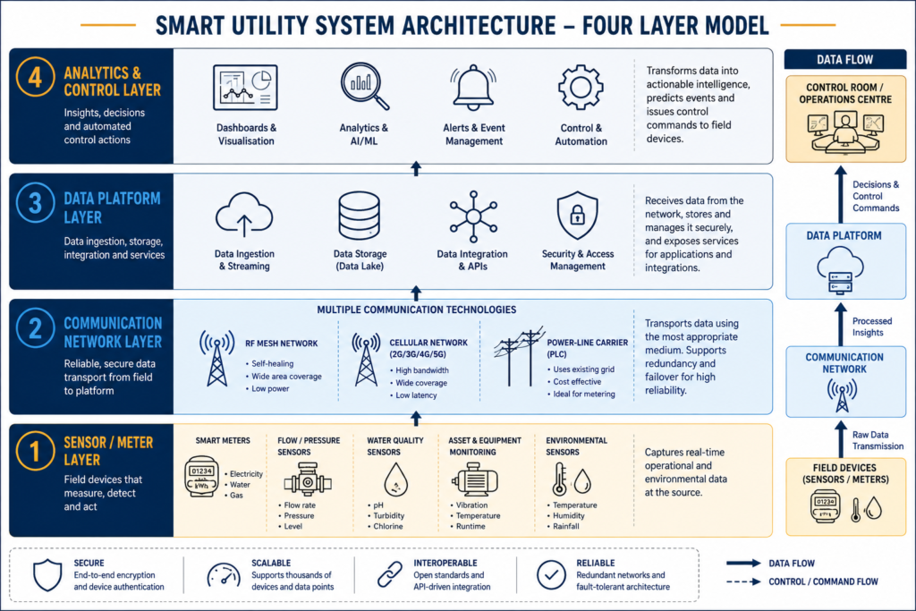 Smart utilities system architecture diagram showing sensor, communication, and data layers