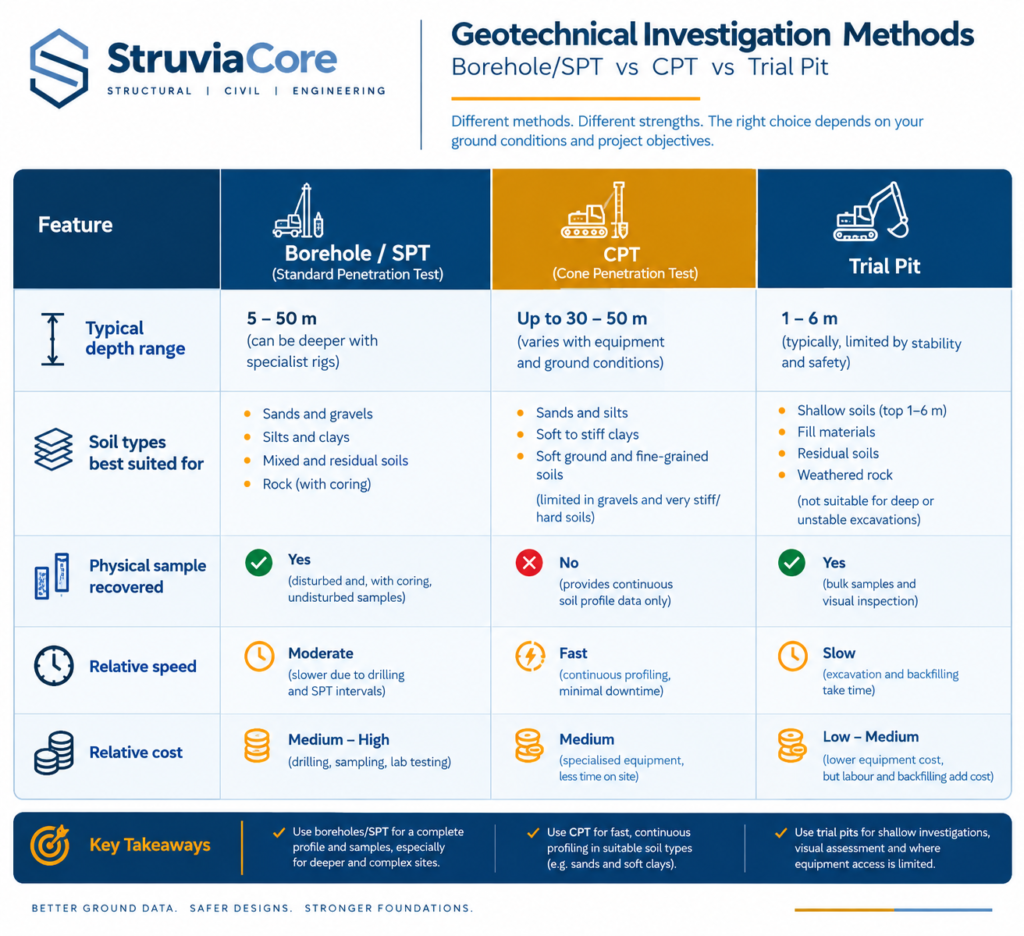 Comparison of borehole SPT, CPT, and trial pit ground investigation methods