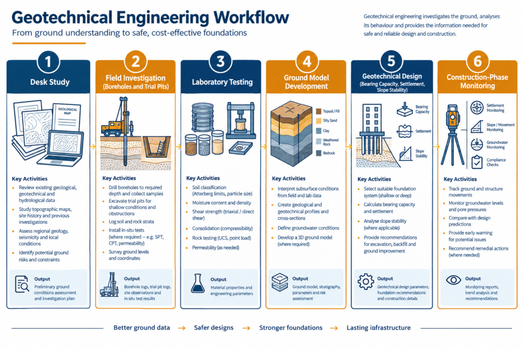 Geotechnical engineering process flowchart from ground investigation to construction monitoring