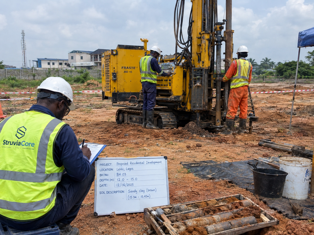 Site engineer logging a borehole during a geotechnical engineering ground investigation