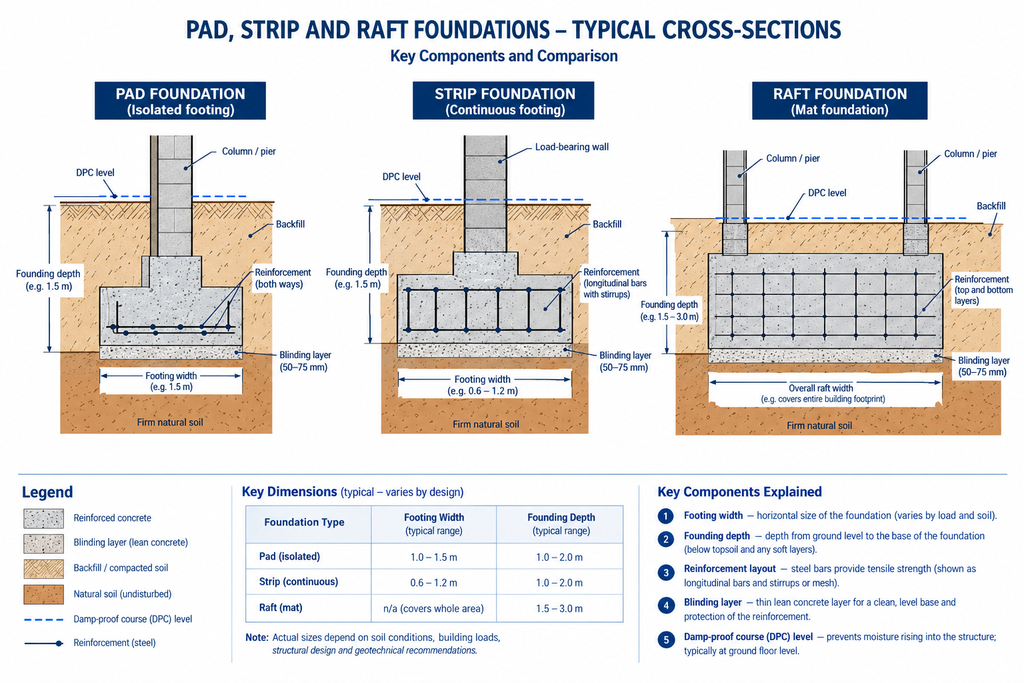 Foundation design diagram comparing pad, strip, and raft foundation cross-sections