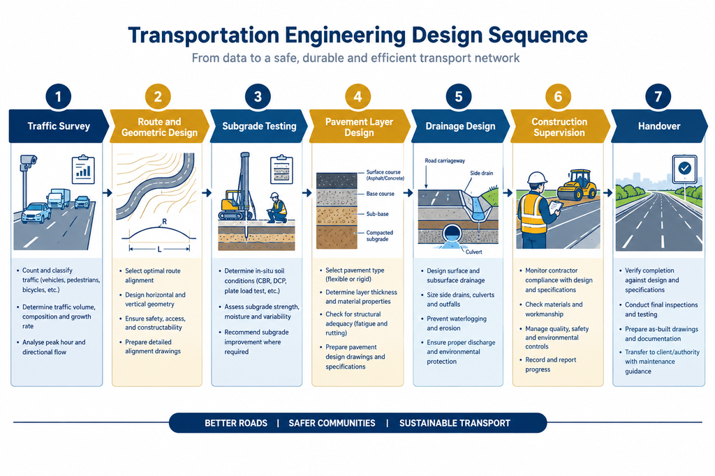 Transportation engineering best practices flowchart from traffic survey to handover.