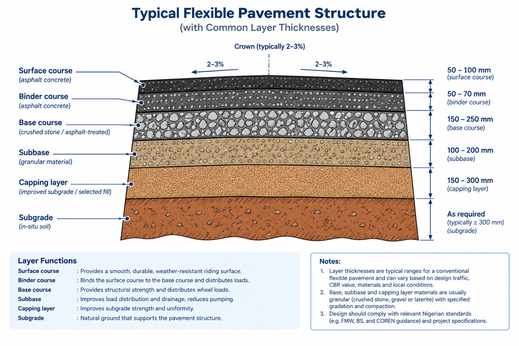 Pavement layer cross-section illustrating transportation engineering best practices for road construction.