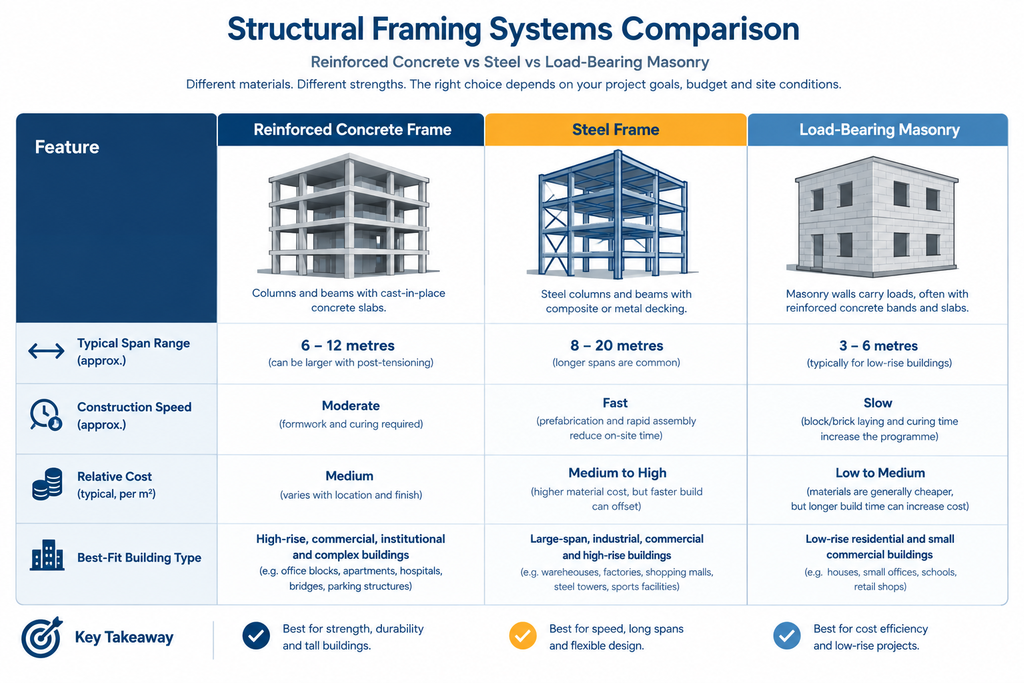 Comparison table of structural systems used in a structural engineering guide for Nigerian buildings.