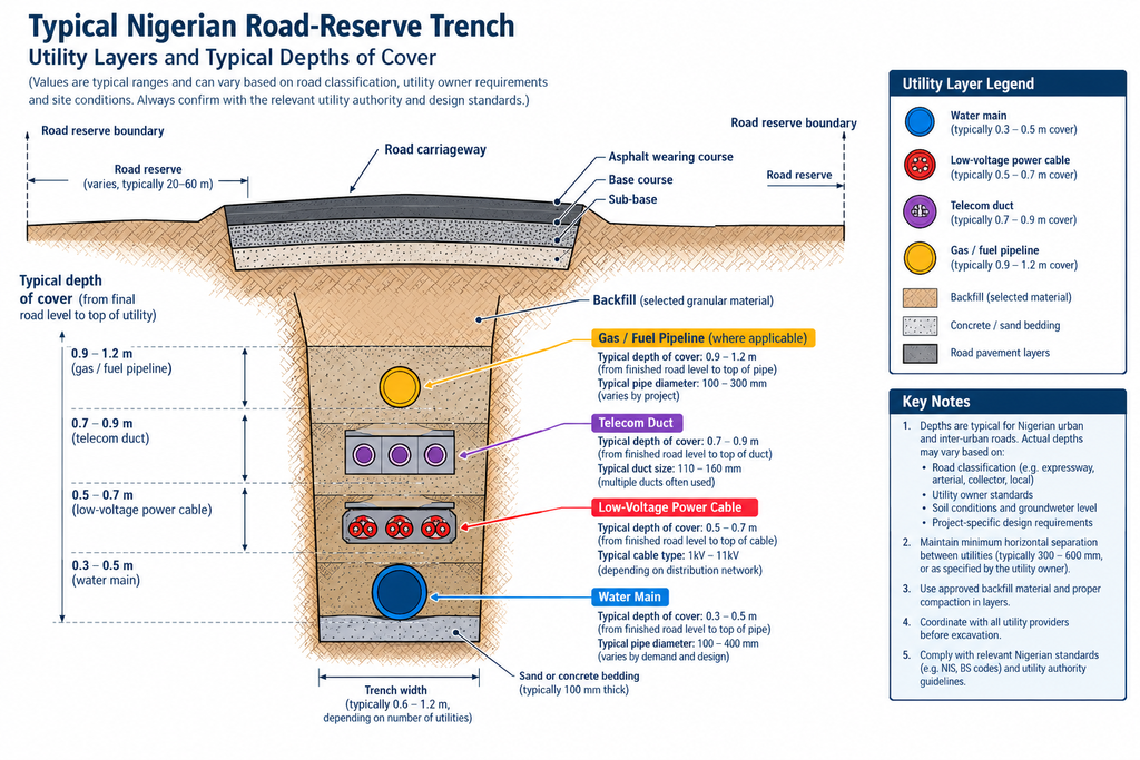 Cross-section diagram of buried utilities in a Nigerian road reserve for a utilities checklist