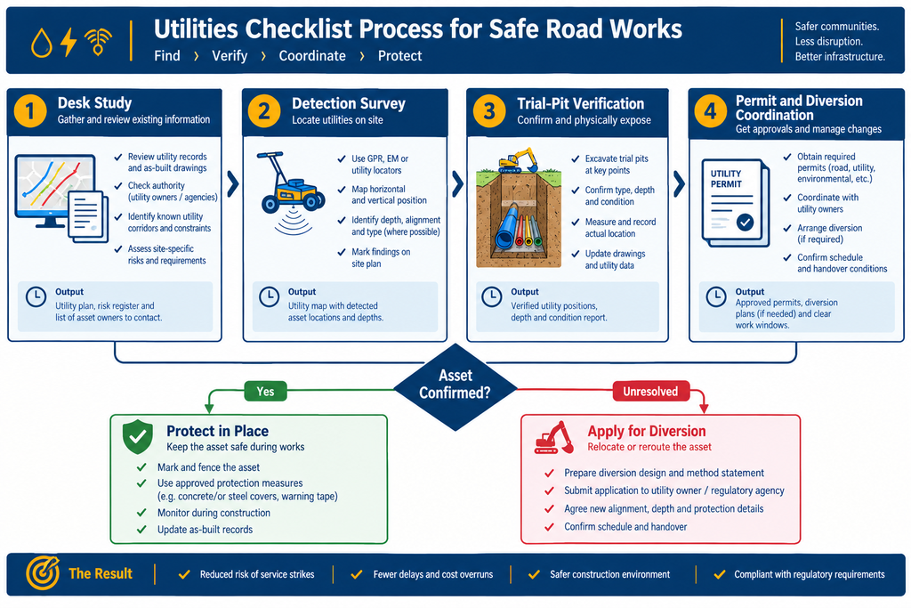 Flowchart of the utilities checklist process from desk study to diversion coordination
