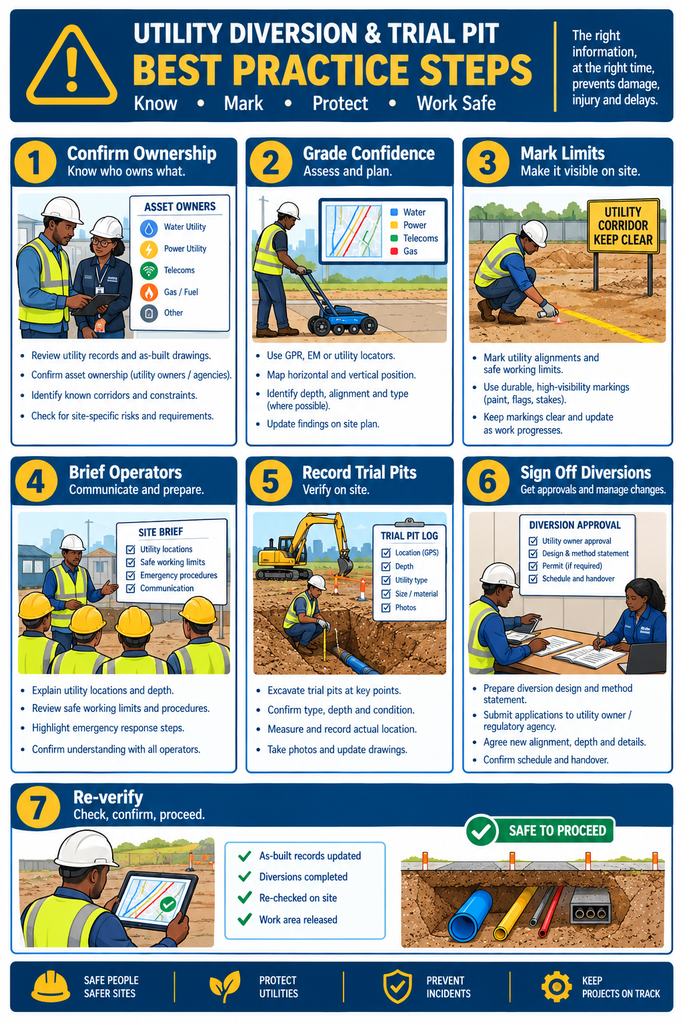 Seven-step utilities checklist best-practice poster for construction site offices