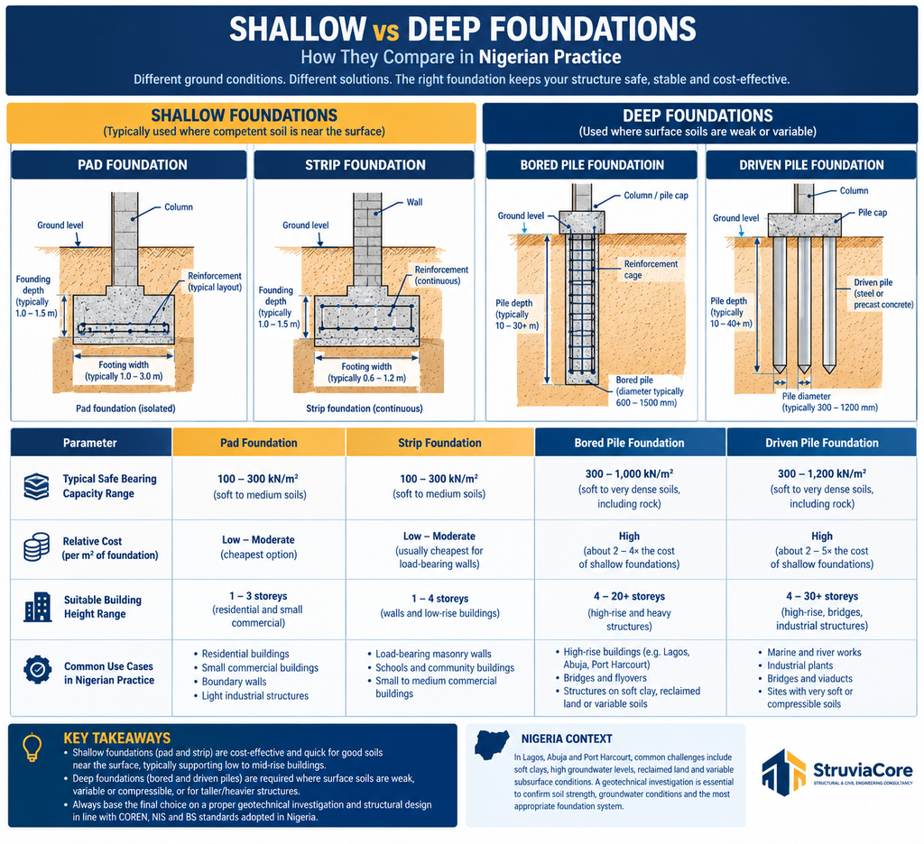 Comparison chart of shallow versus deep foundation systems for foundation design decisions