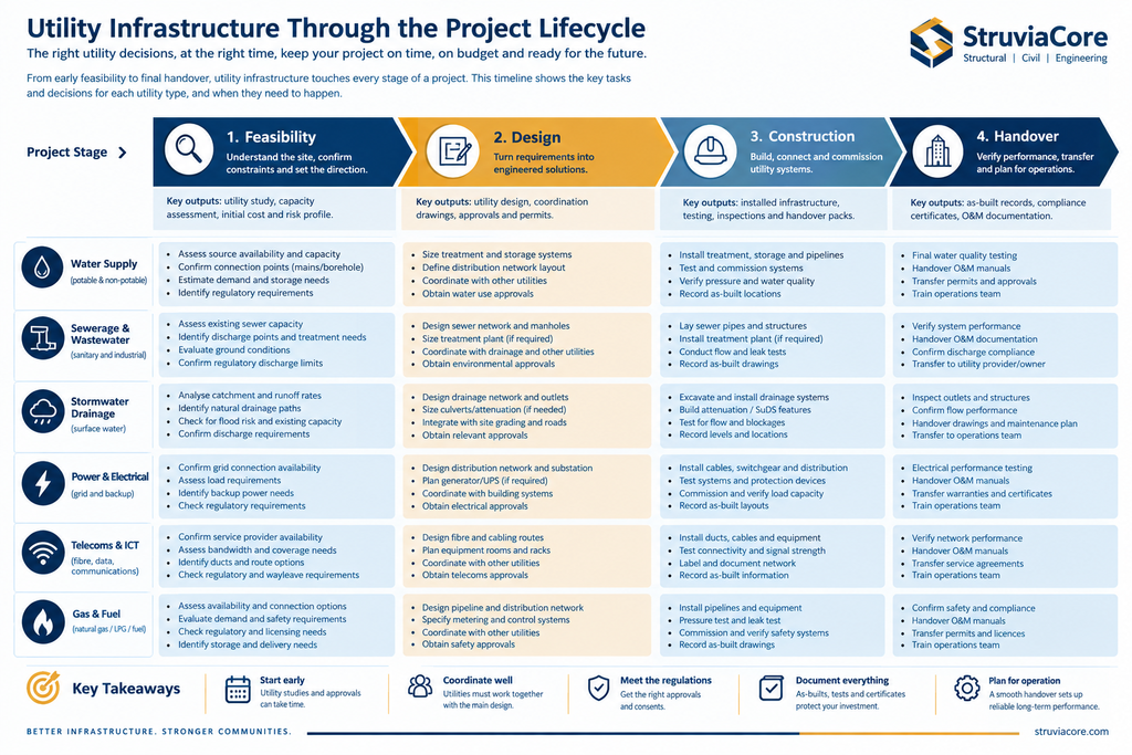 Timeline showing when to address utility infrastructure at each stage of a Nigerian construction project