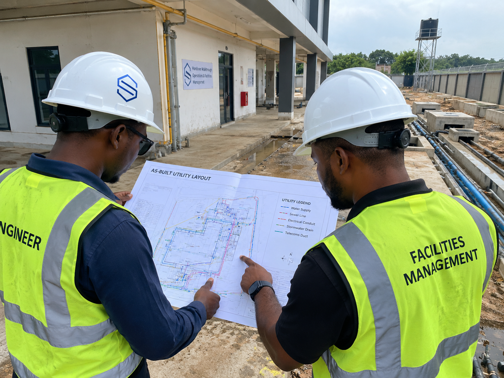 Engineer and facilities manager reviewing as-built utility infrastructure records at project handover