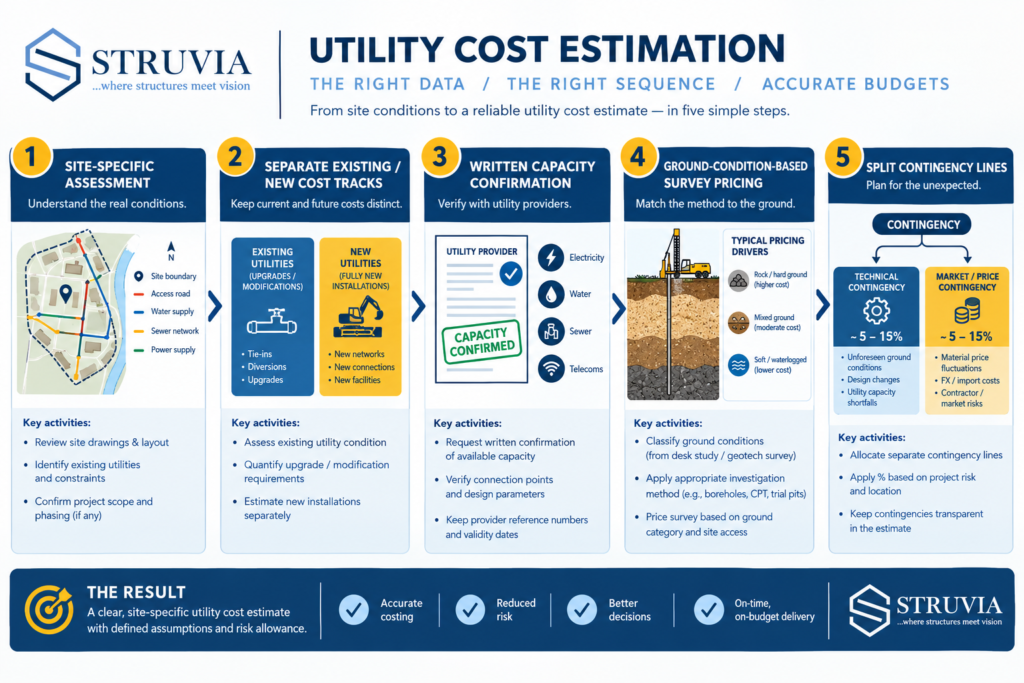 Flow diagram showing how to build a realistic utility infrastructure cost estimate