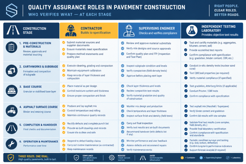Table showing pavement engineering quality assurance roles and responsibilities in Nigerian road delivery