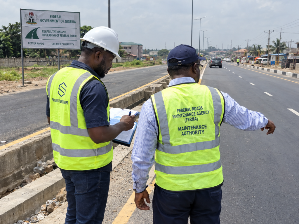 Engineers conducting a pavement handover inspection on a completed Nigerian road project