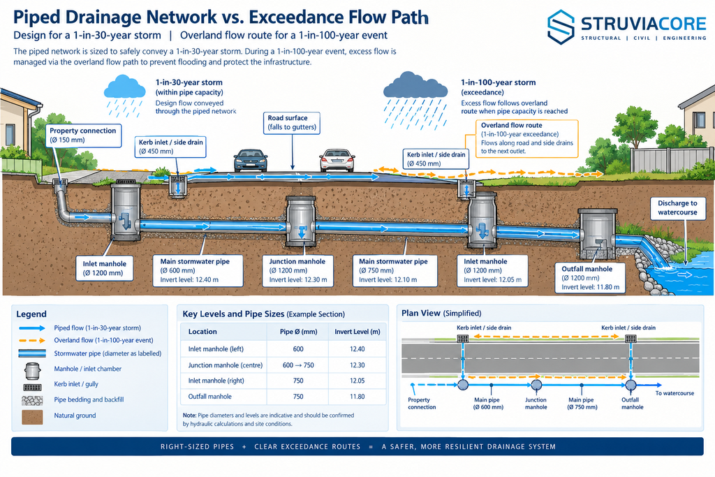 Water resources engineering drainage design diagram showing 1-in-30-year pipe capacity and 1-in-100-year exceedance flow path